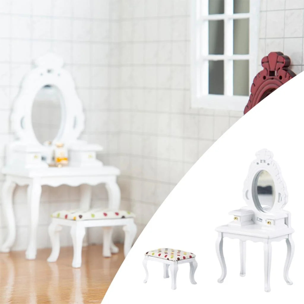 White Dollhouse Table with Stool D55490