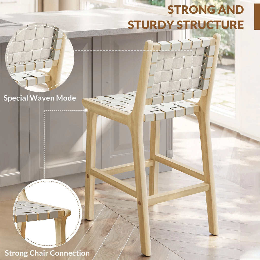 Woven Counter Stools 24 inch Set of 2, Faux Leather Bar Stools with Back Solid Wood Frame Z9001