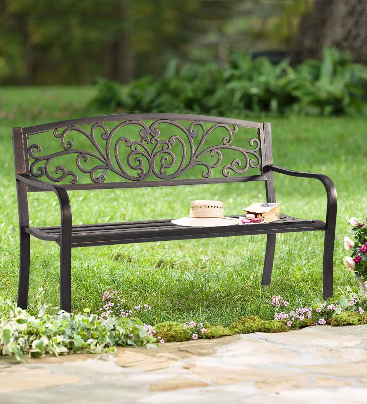 Cast Iron Metal Patio Bench with Armrests L778
