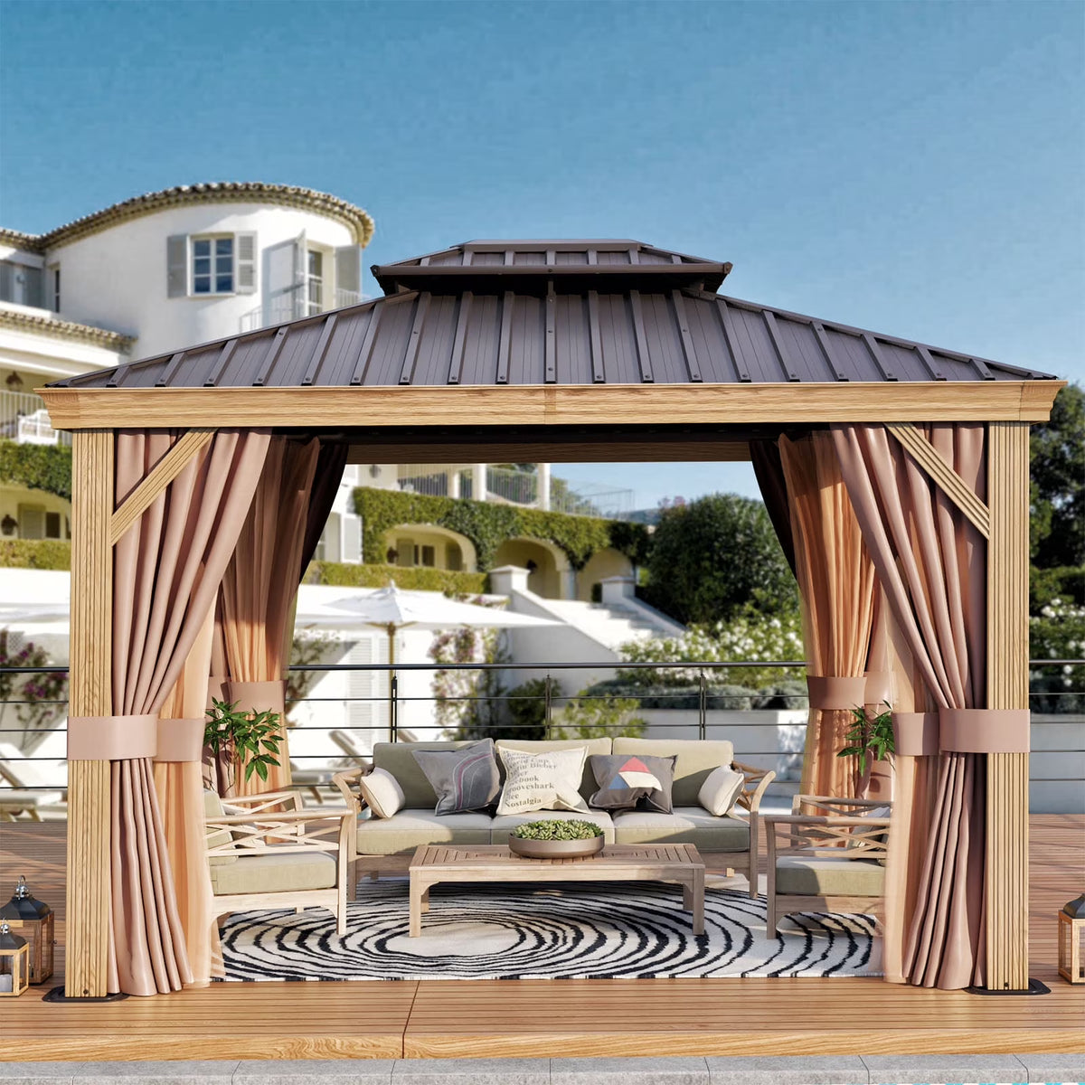 10x12FT Aluminum Frame Hardtop Gazebo with Netting and Curtains D619584