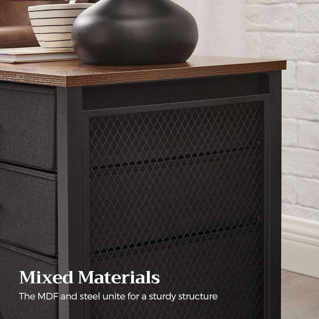 Rustic Brown and Black 3 Drawer Steel Frame Wooden Top Nightstand X531