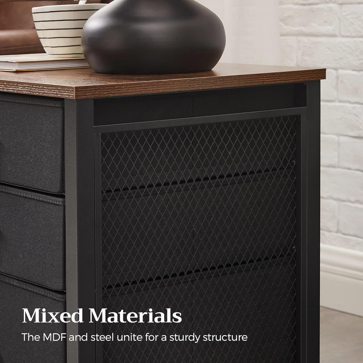 Rustic Brown and Black 3 Drawer Steel Frame Wooden Top Nightstand X531