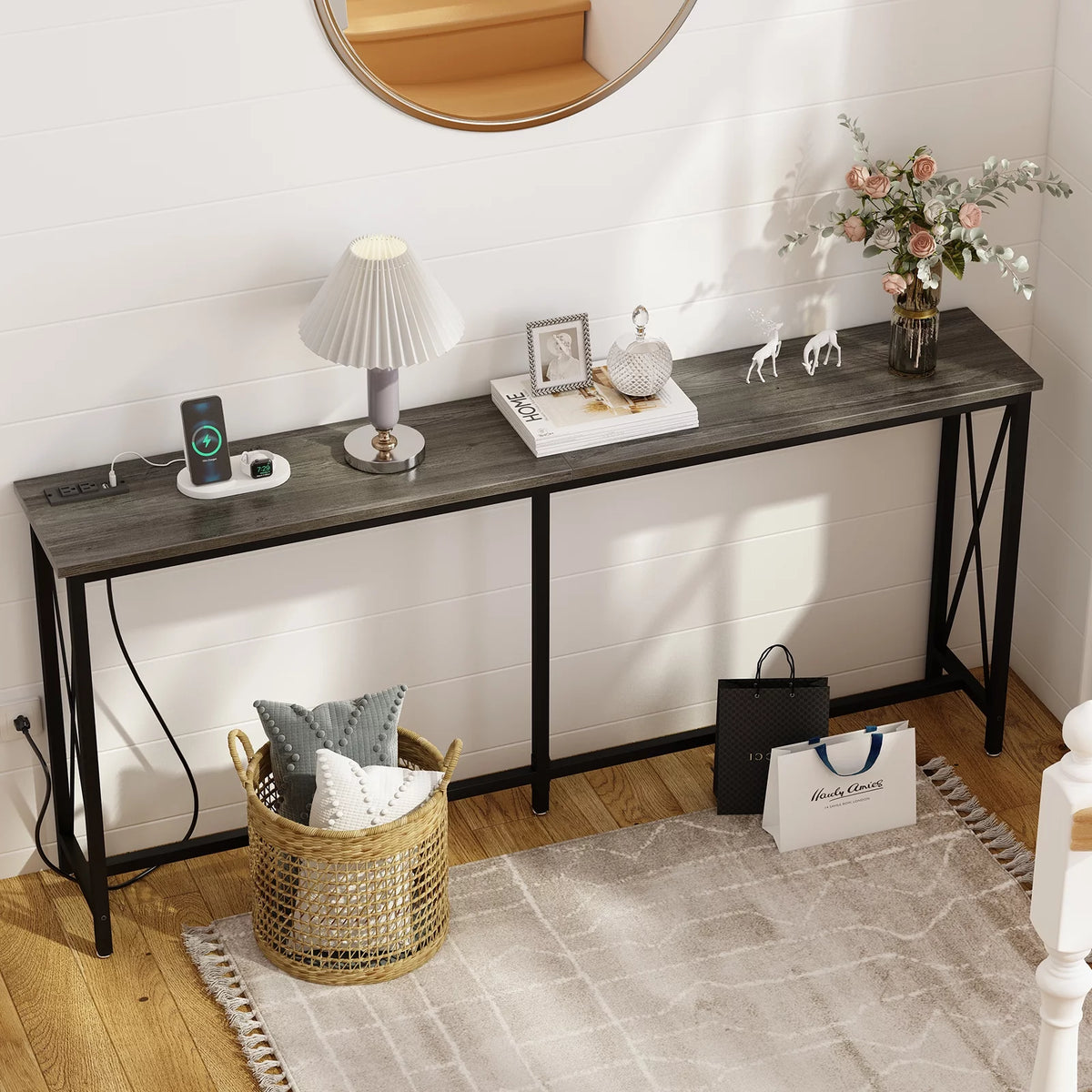 70 inch Console Table with Power Outlets Metal Frame Gray O9367