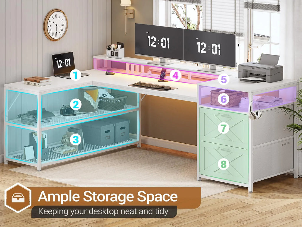 L Shaped Desk with Power Outlet and 2 Drawers, White J1408
