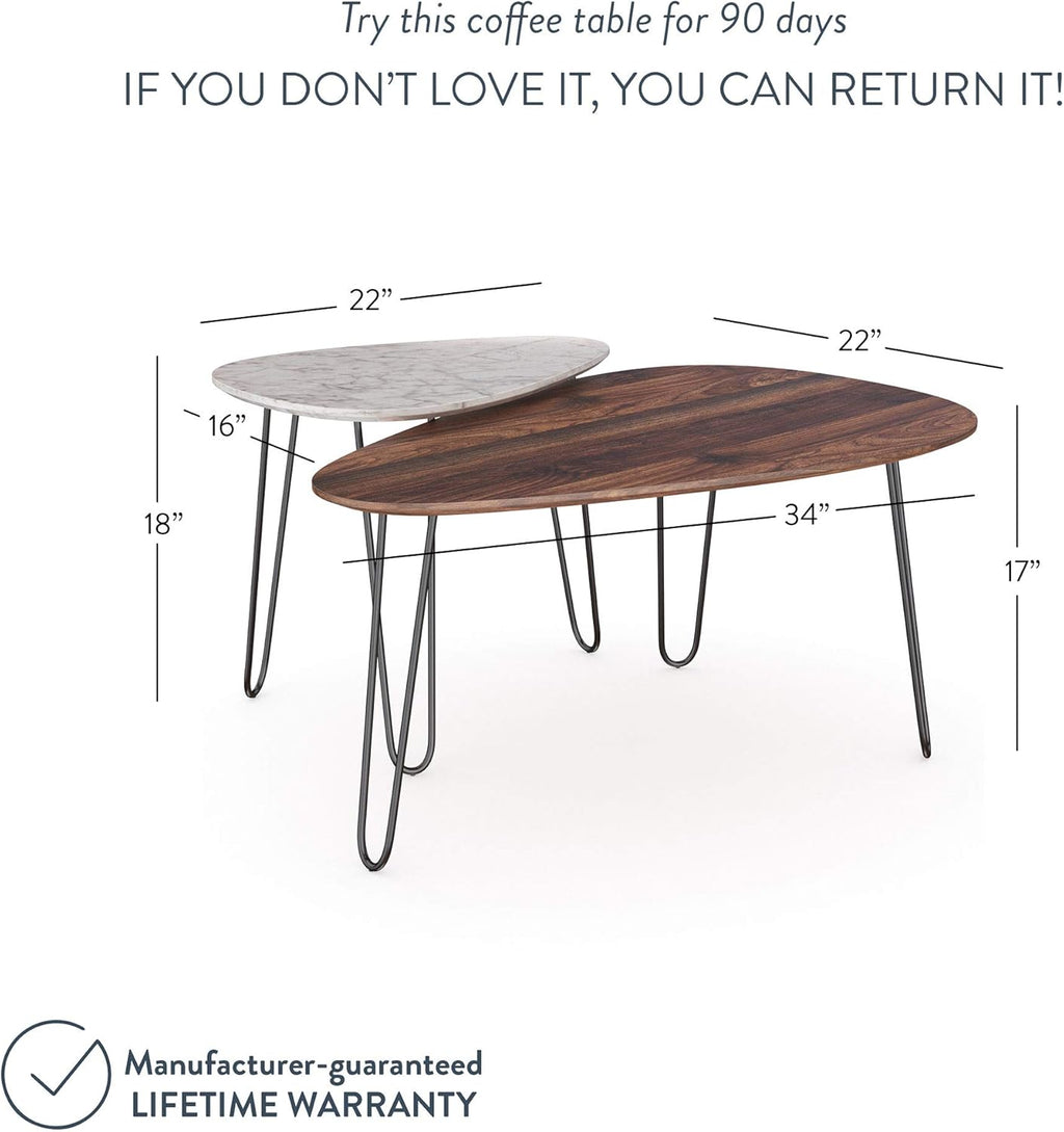 Mid-Century Nesting Coffee Table Set of 2, Faux Carrara Marble, Wood Finish, Black Metal Legs Y855