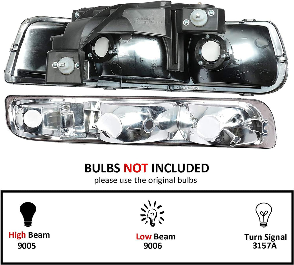 Chrome Housing Clear Lens Headlights with Bumper Lights Assembly Set Pack of 2 W345