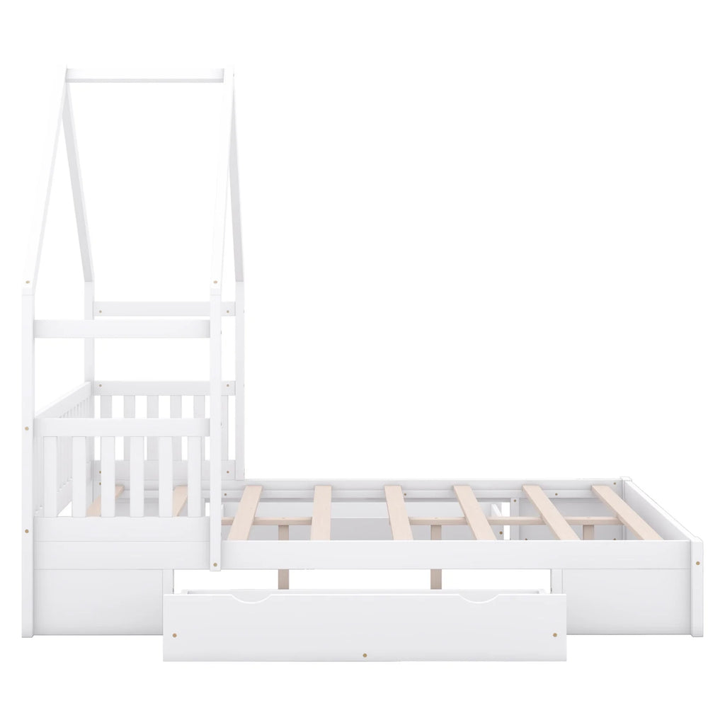 Queen Size Wood Platform Bed with Guardrail and 2 Storage Drawers C5356