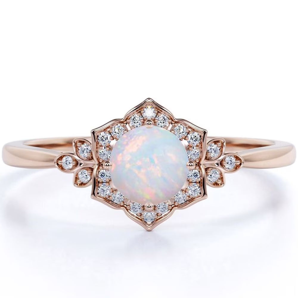 Vintage 1.75 ct Round Ethiopian Opal and Moissanite Engagement Ring in 18K Rose Gold over Silver N85549