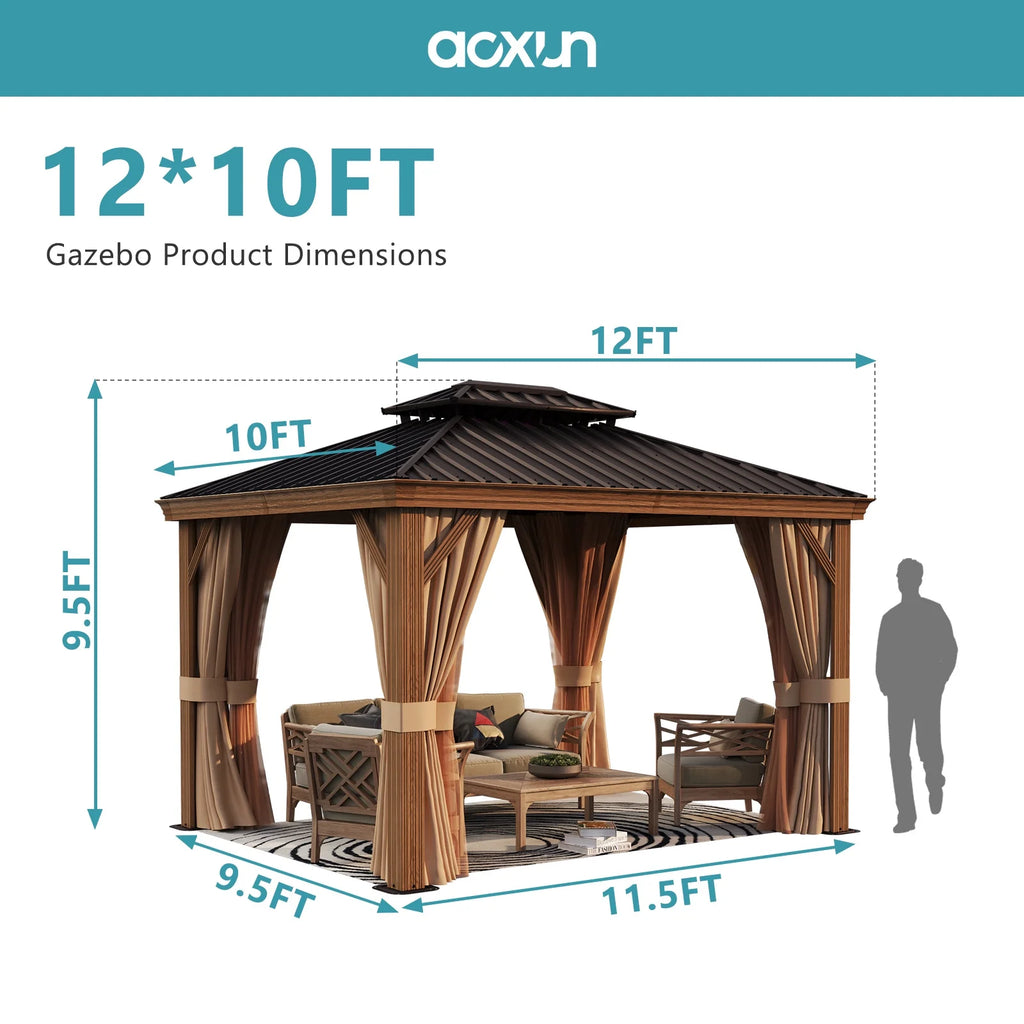 10x12FT Aluminum Frame Hardtop Gazebo with Netting and Curtains D619584
