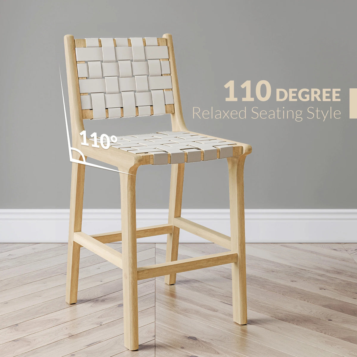 Woven Counter Stools 24 inch Set of 2, Faux Leather Bar Stools with Back Solid Wood Frame Z9001