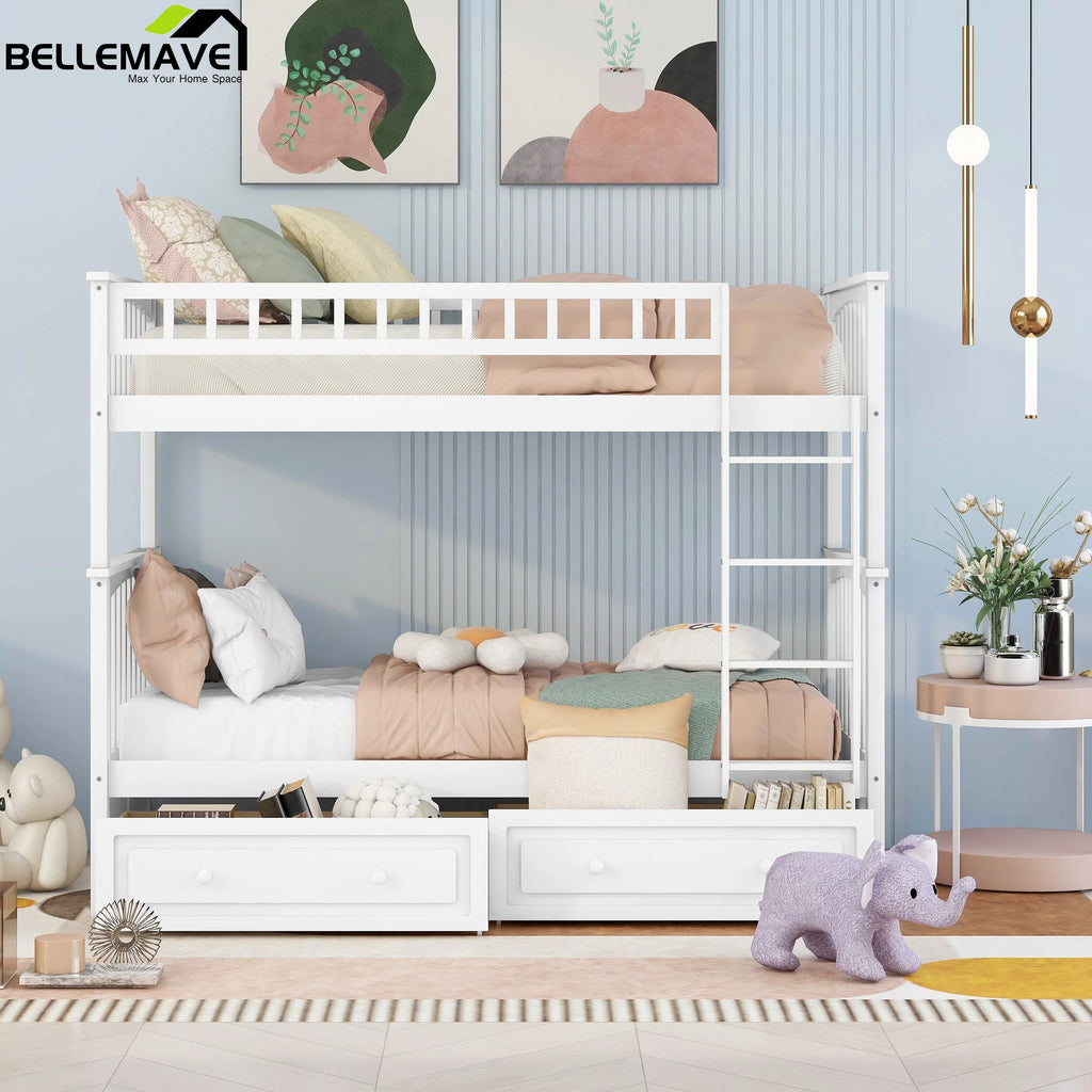 White Twin Over Twin Wooden Bunk Bed with 2 Storage Drawers Y695006