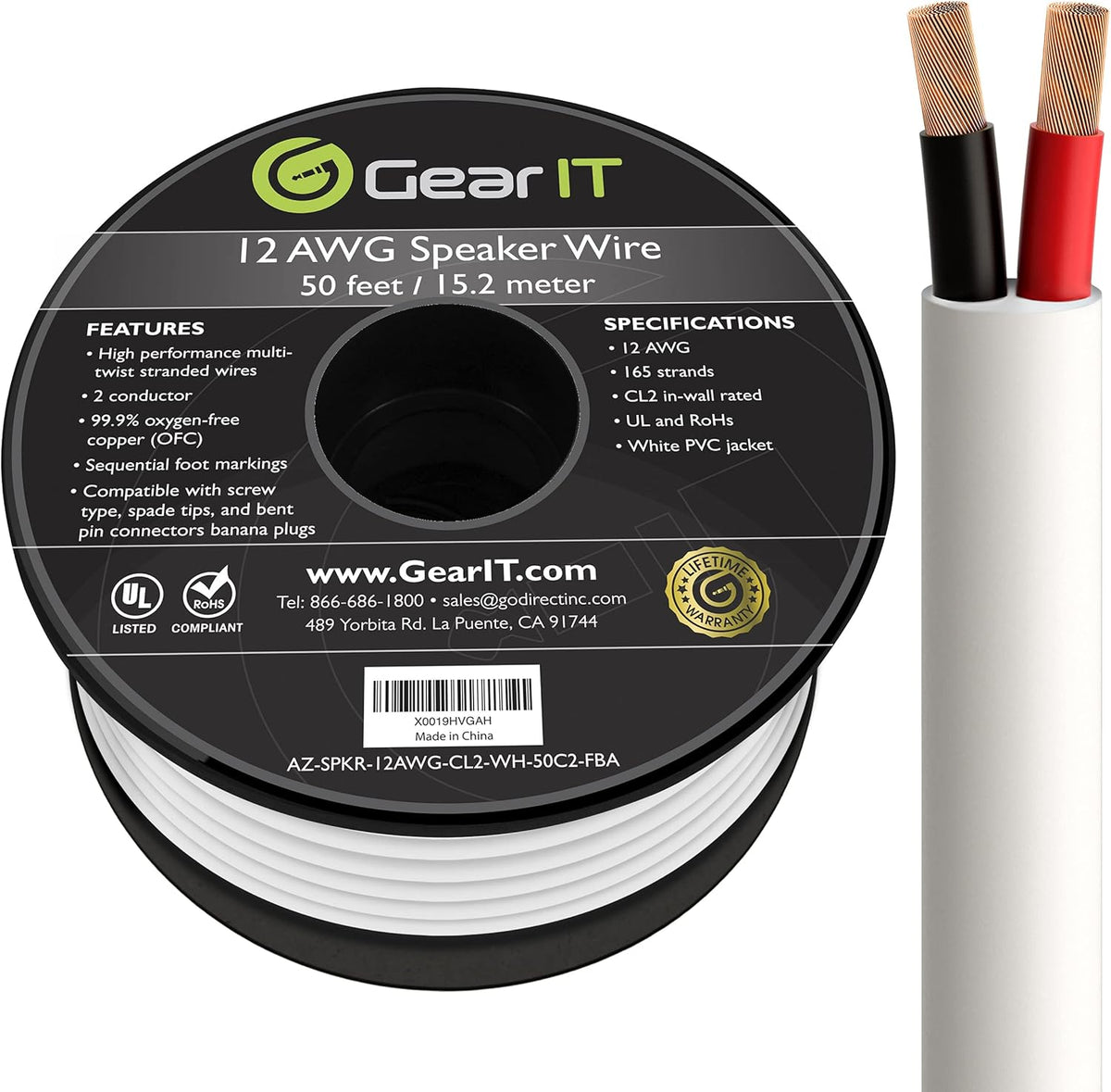 12AWG 100 Feet CL2 Rated 2 Conductor OFC Oxygen-Free Copper Speaker Wire G970