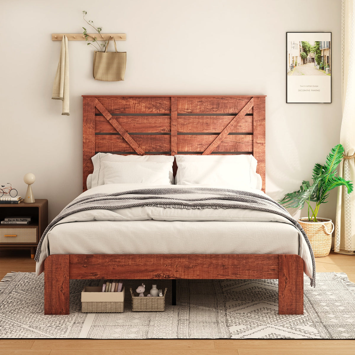 Queen Size Dark Brown Wood Platform Bed with Headboard M615795