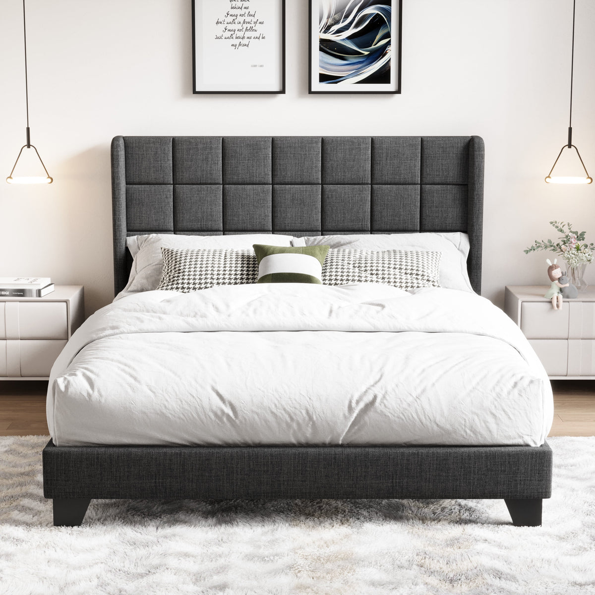 Queen Size Dark Grey Platform Bed with Wingback Headboard S69278