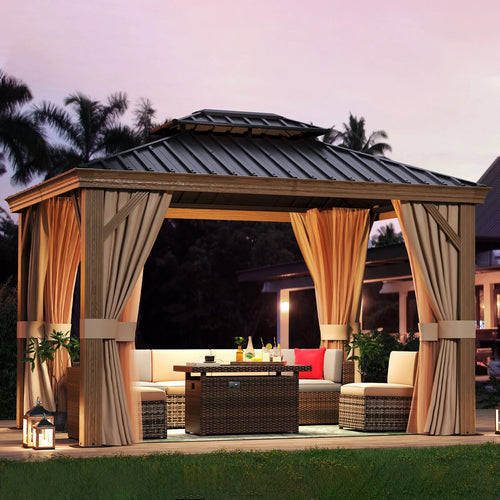 10x12FT Aluminum Frame Hardtop Gazebo with Netting and Curtains D619584