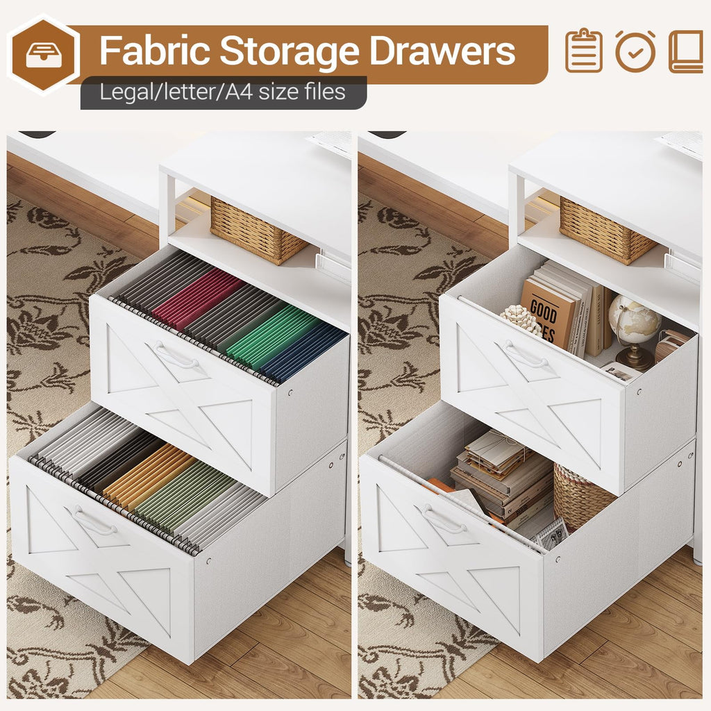 L Shaped Desk with Power Outlet and 2 Drawers, White J1408