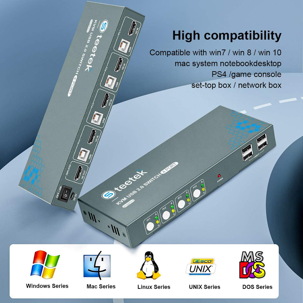 KVM Switch HDMI 4 Port, 4K@60Hz, 4 USB 2.0 Port, with 4 HDMI and 4 USB Cables Pack of 2 W4393