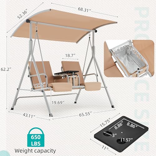2 Seat Outdoor Porch Swing with Adjustable Canopy and Cushions O9527