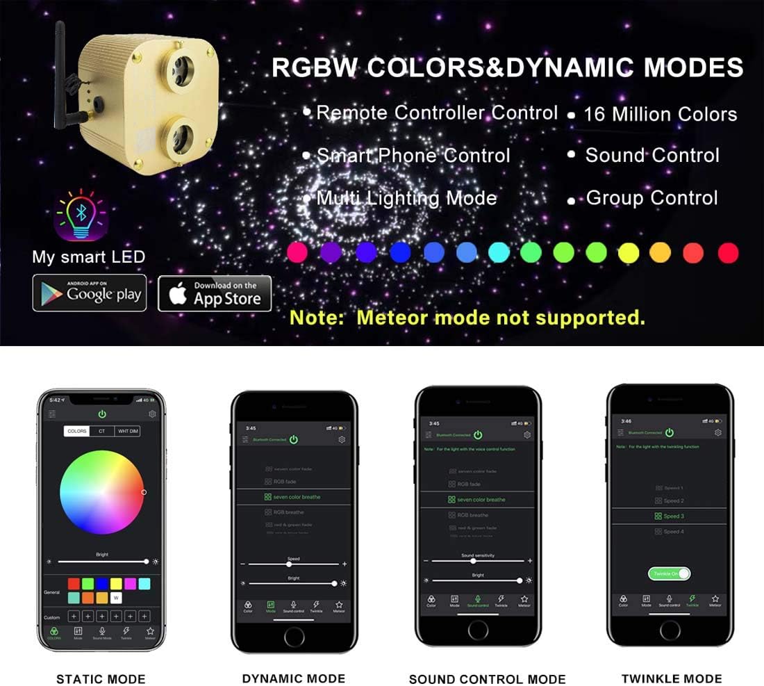 Bluetooth Fiber Optic Star Ceiling Lighting Kits Mixed 335pcs 13.1ft Fiber Strands End Glow RGBW Music Mode Light Source L24317