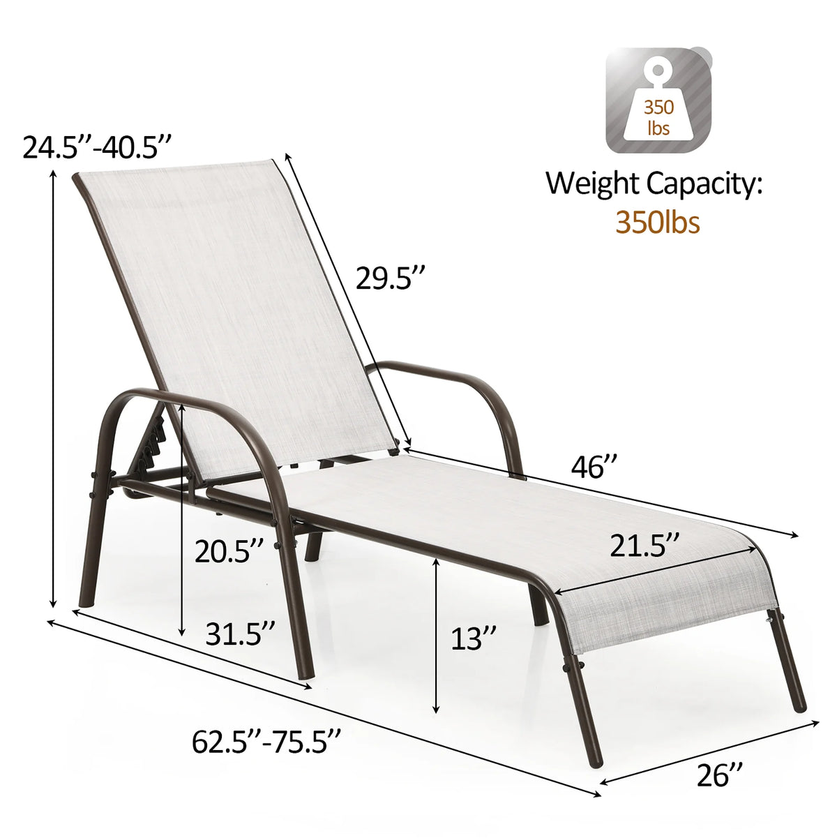 2PCS Grey Adjustable Reclining Patio Lounge Chair F720028