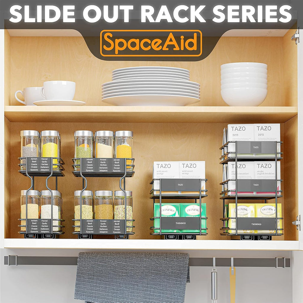 Black 1 Drawer 2-Tier Pull Out Tea Bag Organizer Rack with 70 Labels and Chalk Marker E31440