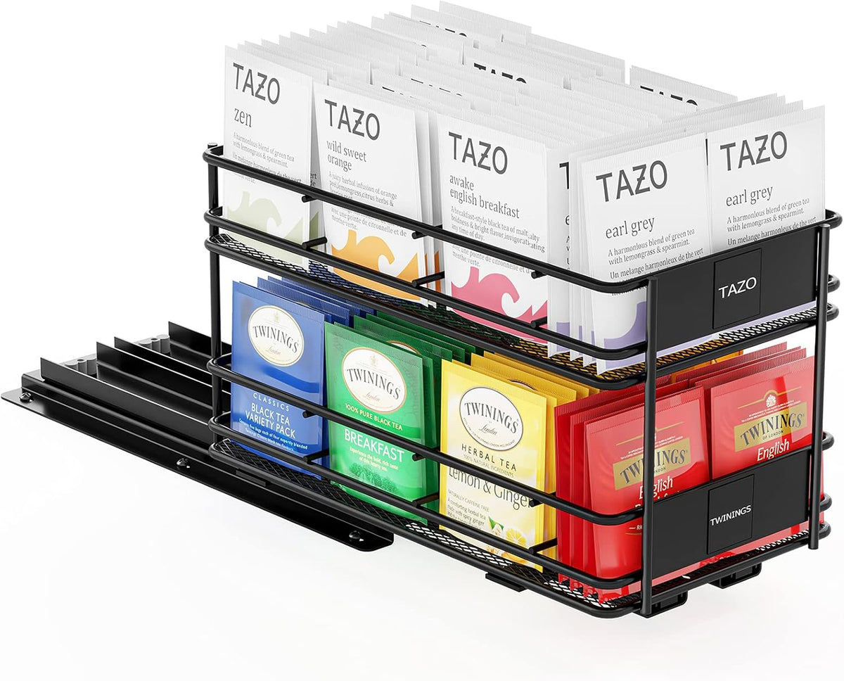 Black 1 Drawer 2-Tier Pull Out Tea Bag Organizer Rack with 70 Labels and Chalk Marker E31440