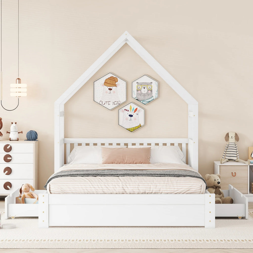 Queen Size Wood Platform Bed with Guardrail and 2 Storage Drawers C5356