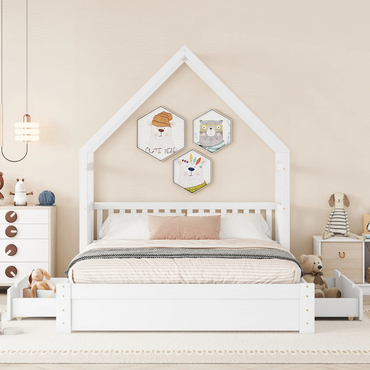 Queen Size Wood Platform Bed with Guardrail and 2 Storage Drawers C5356