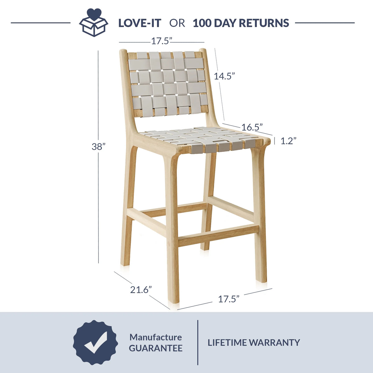 Woven Counter Stools 24 inch Set of 2, Faux Leather Bar Stools with Back Solid Wood Frame Z9001