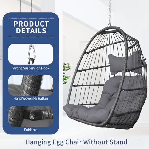 Egg Chair with Cushions, 350lbs Capacity Wicker Hanging Chair, Gray G653