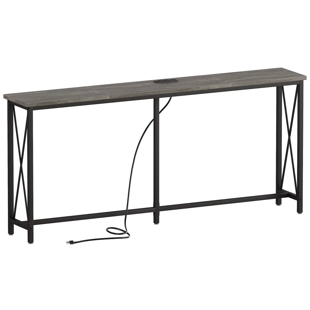 70 inch Console Table with Power Outlets Metal Frame Gray O9367
