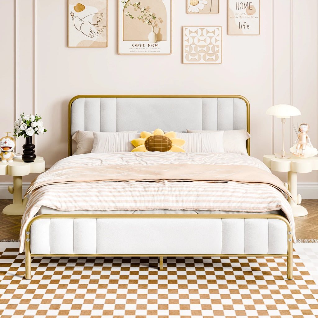 Gold Queen Size Velvet Fabric Headboard Metal Platform Bed E146466