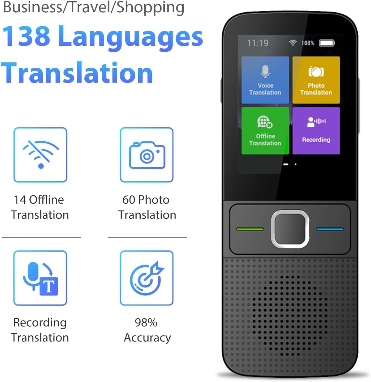 Portable Smart Translator Device Two Way Online 138 Languages Black Pack of 2 A745