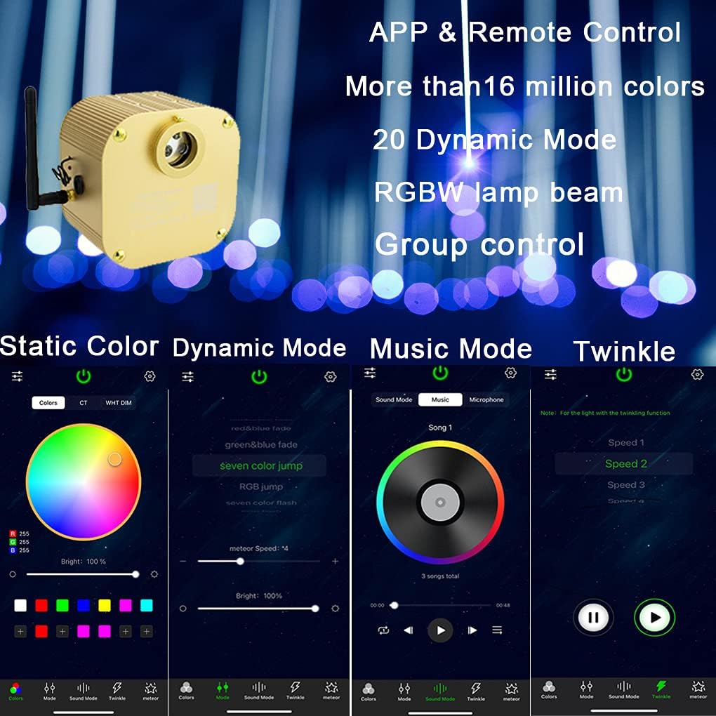Bluetooth Fiber Optic Star Ceiling Lighting Kits Mixed 335pcs 13.1ft Fiber Strands End Glow RGBW Music Mode Light Source L24317