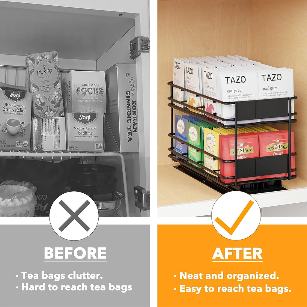 Black 1 Drawer 2-Tier Pull Out Tea Bag Organizer Rack with 70 Labels and Chalk Marker E31440