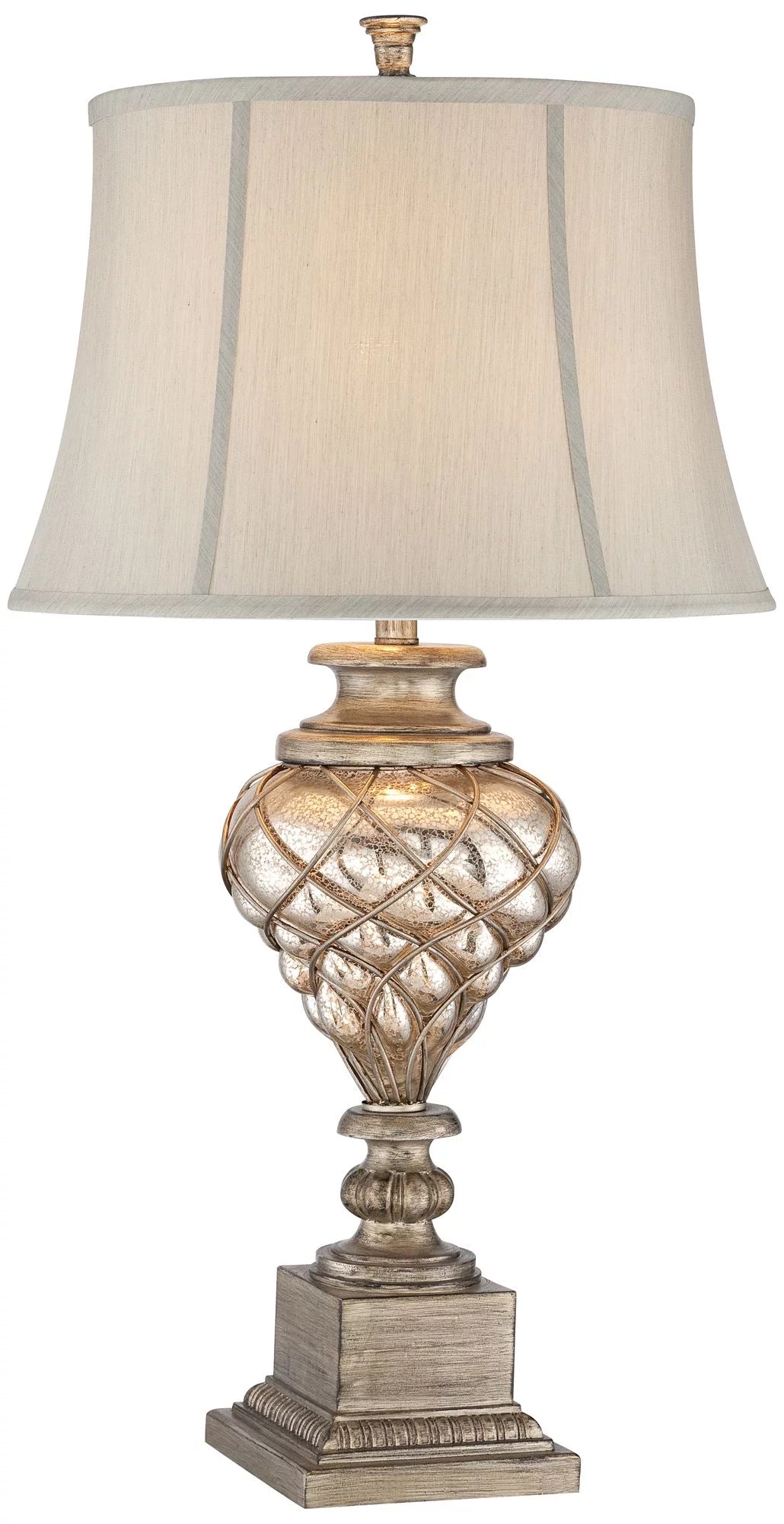 Traditional Table Lamp with Nightlight LED Off White Mist Fabric Bell Shade W799