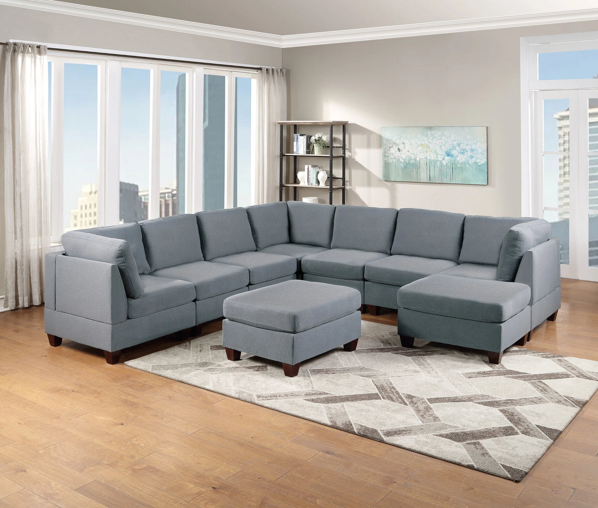 Grey Linen Like Fabric 9pc Modular Sectional Set C84284