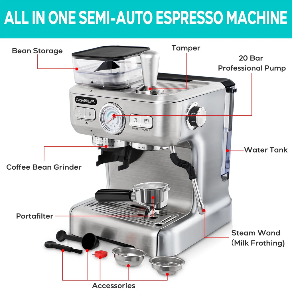 20 Bar Espresso Machine with Grinder and 92oz Water Tank I561