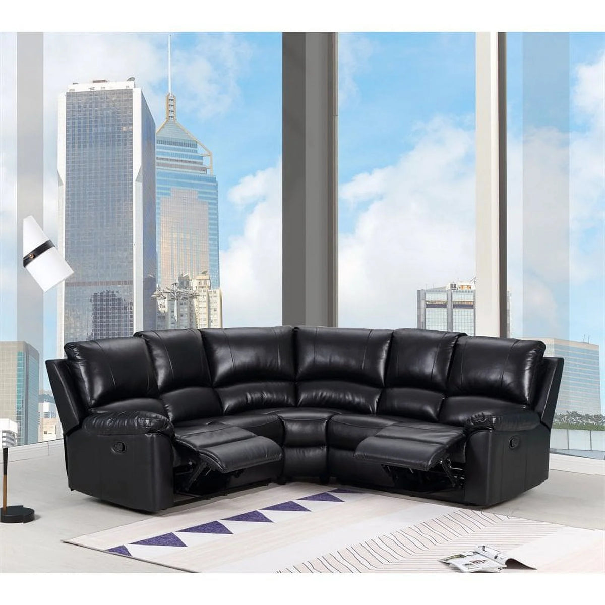 Black Faux Leather Sectional W8119