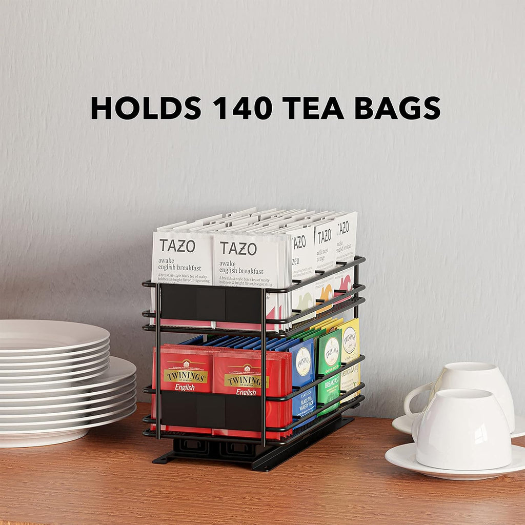 Black 1 Drawer 2-Tier Pull Out Tea Bag Organizer Rack with 70 Labels and Chalk Marker E31440