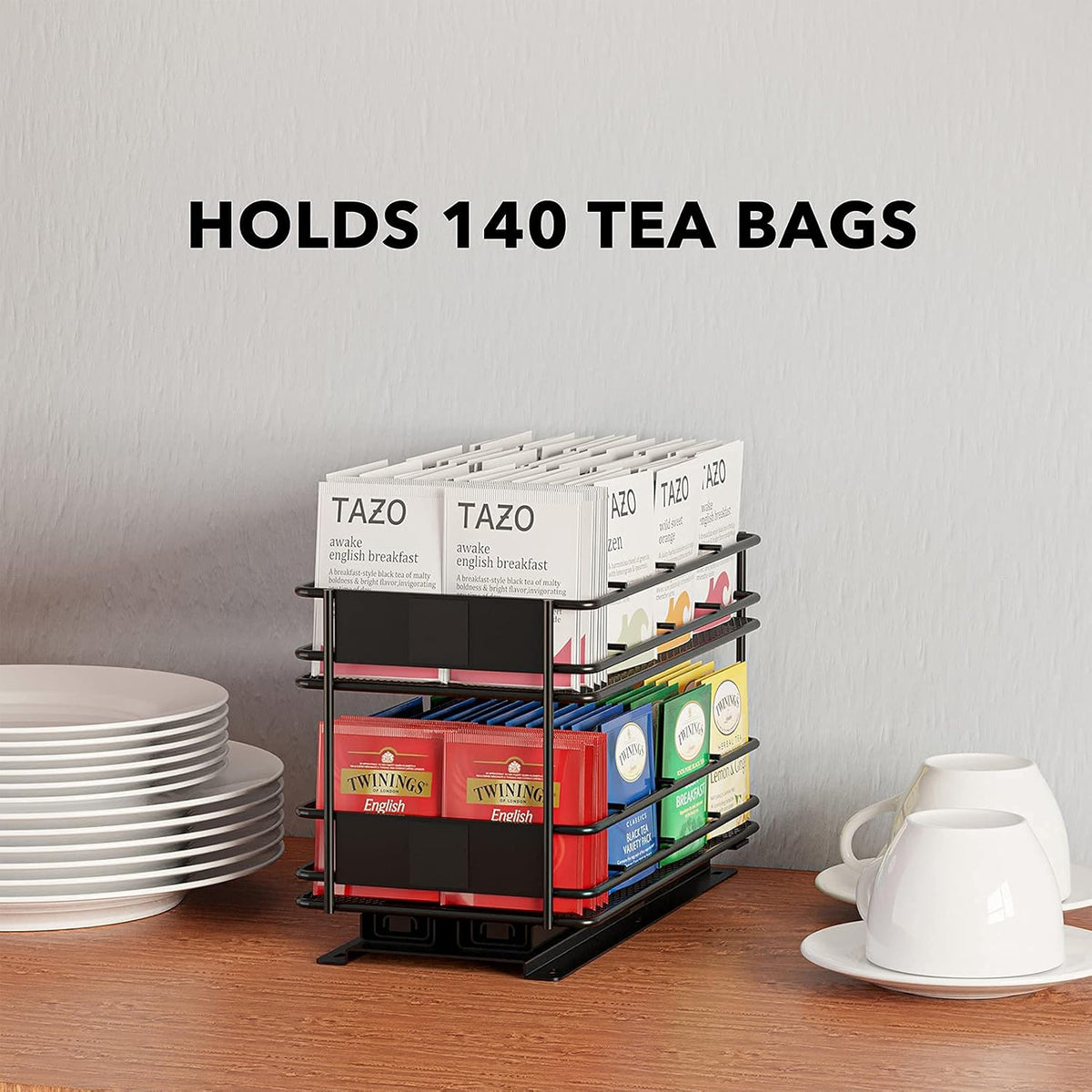 Black 1 Drawer 2-Tier Pull Out Tea Bag Organizer Rack with 70 Labels and Chalk Marker E31440