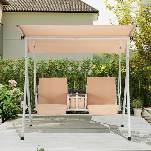 2 Seat Outdoor Porch Swing with Adjustable Canopy and Cushions O9527