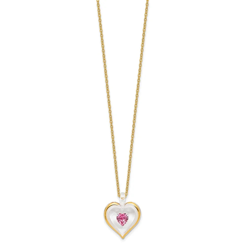 Glass with Pink October Birthstone Crystal Heart 18 inch Gold-tone Necklace I45195