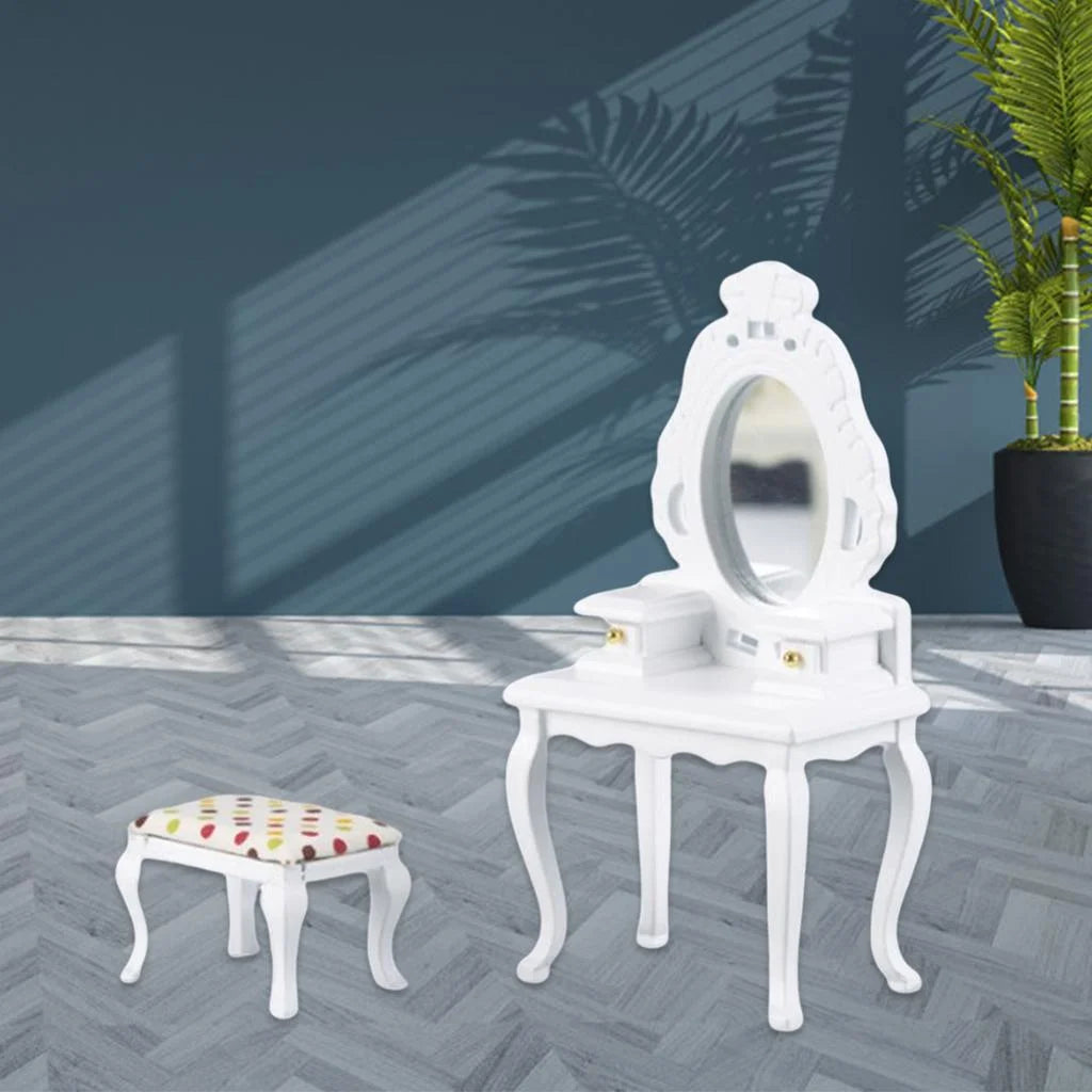 White Dollhouse Table with Stool D55490