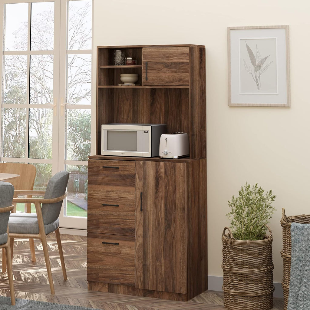 Walnut Kitchen Buffet Hutch with 3 Drawers and Sliding Door M53379