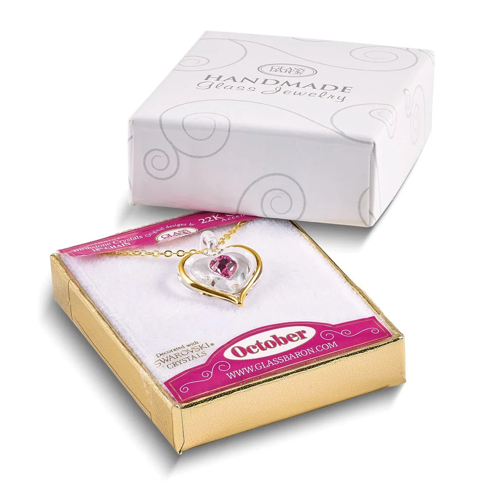 Glass with Pink October Birthstone Crystal Heart 18 inch Gold-tone Necklace I45195