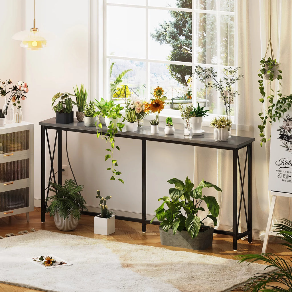 70 inch Console Table with Power Outlets Metal Frame Gray O9367