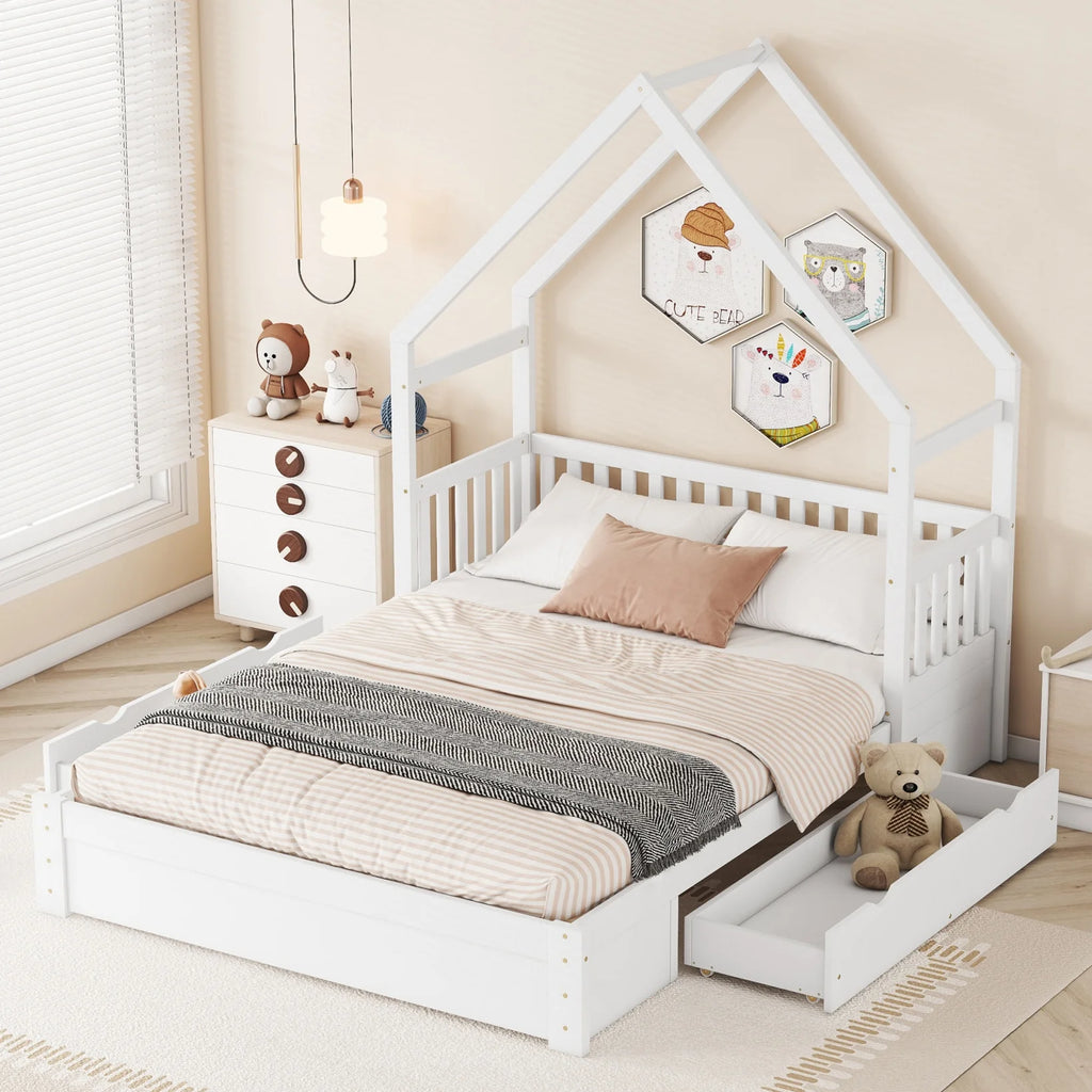 Queen Size Wood Platform Bed with Guardrail and 2 Storage Drawers C5356