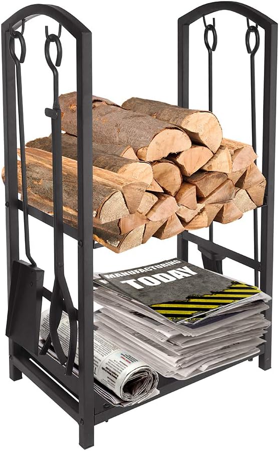Black Wrought Iron Firewood Cart with Large Wheels V1426