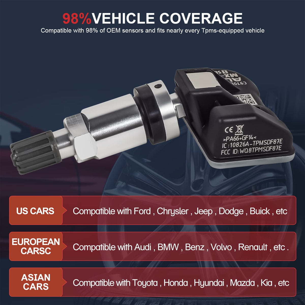TPMS Sensor 315MHz+433MHz 2 in 1 Dual Frequency Tire Pressure Sensor Sets of 2 (Metal Valves) C4015